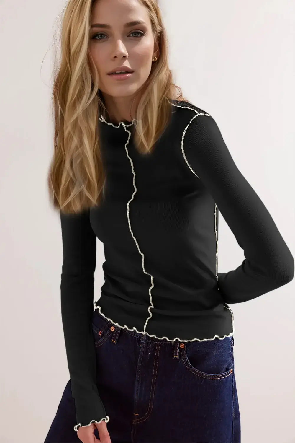 Basic Bae Contrast Trim Mock Neck Long Sleeve T-Shirt - Trendsi - Flyclothing LLC