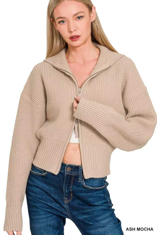 Zenana Ribbed Collared Zip Up Sweater Cardigan - Trendsi - Flyclothing LLC