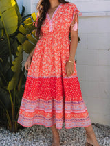 Floral Print Tasseled Tied Sleeve Empire Waist Dress - Trendsi - Flyclothing LLC
