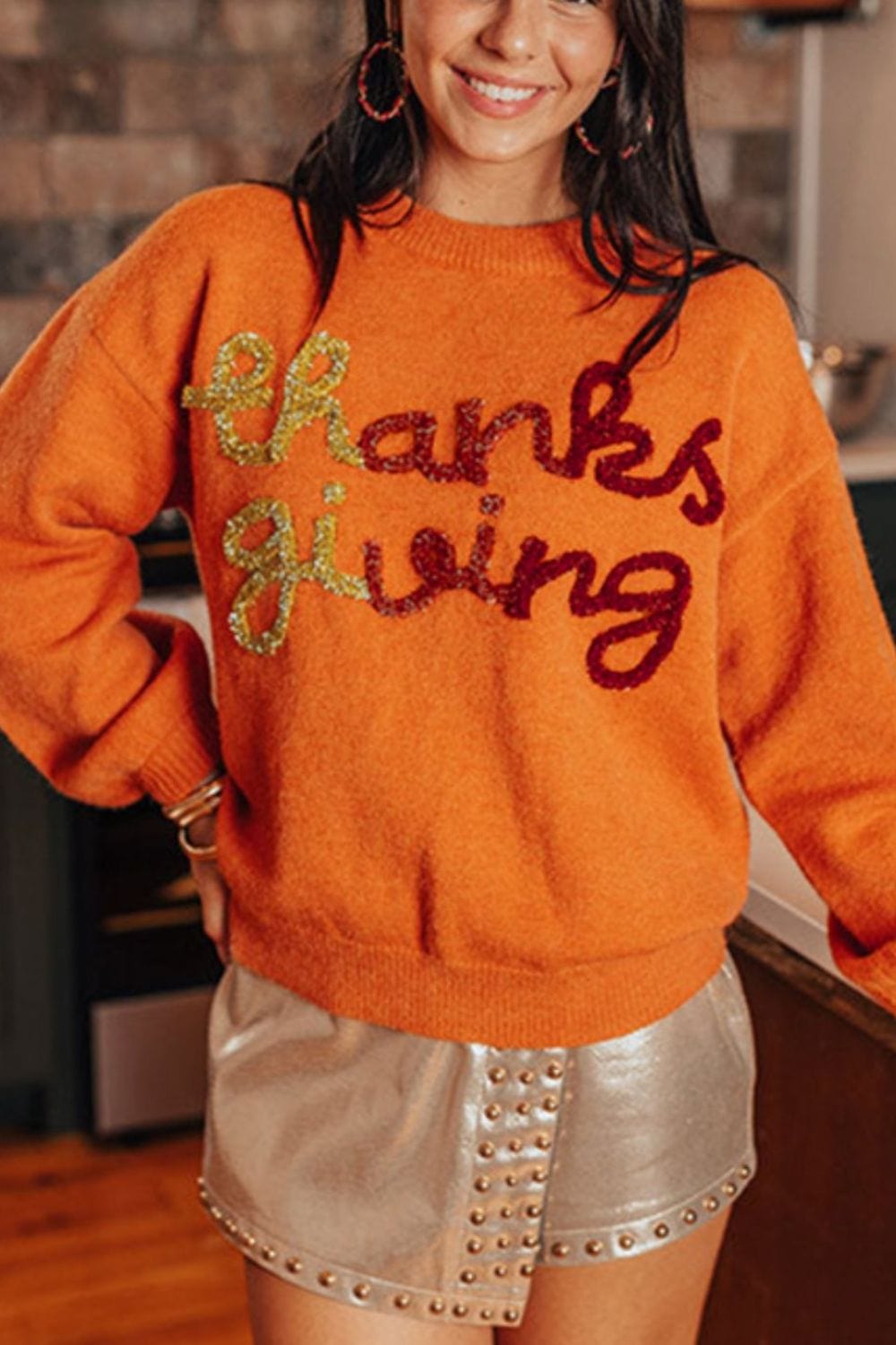 THANKSGIVING Round Neck Dropped Shoulder Sweater - Trendsi