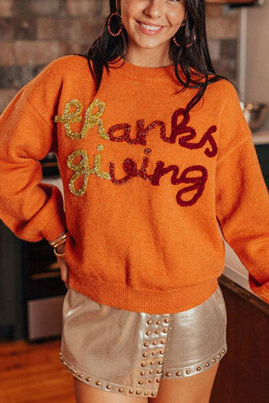 THANKSGIVING Round Neck Dropped Shoulder Sweater - Trendsi - Flyclothing LLC