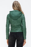 Snobbish Faux Leather Zip Up Drawstring Hooded Jacket - Trendsi