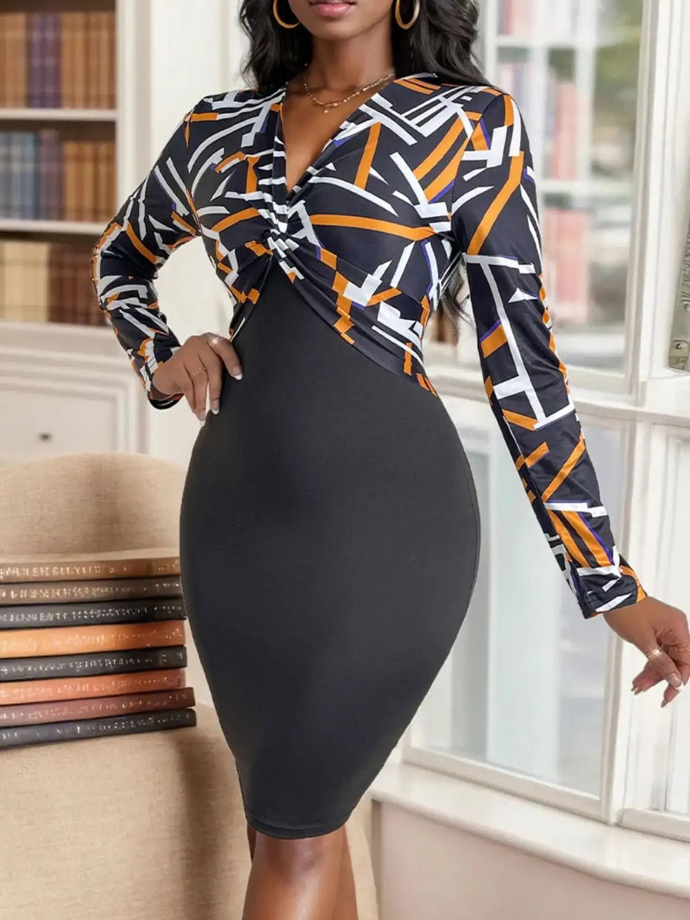 Twisted Printed Long Sleeve Mini Dress - Trendsi