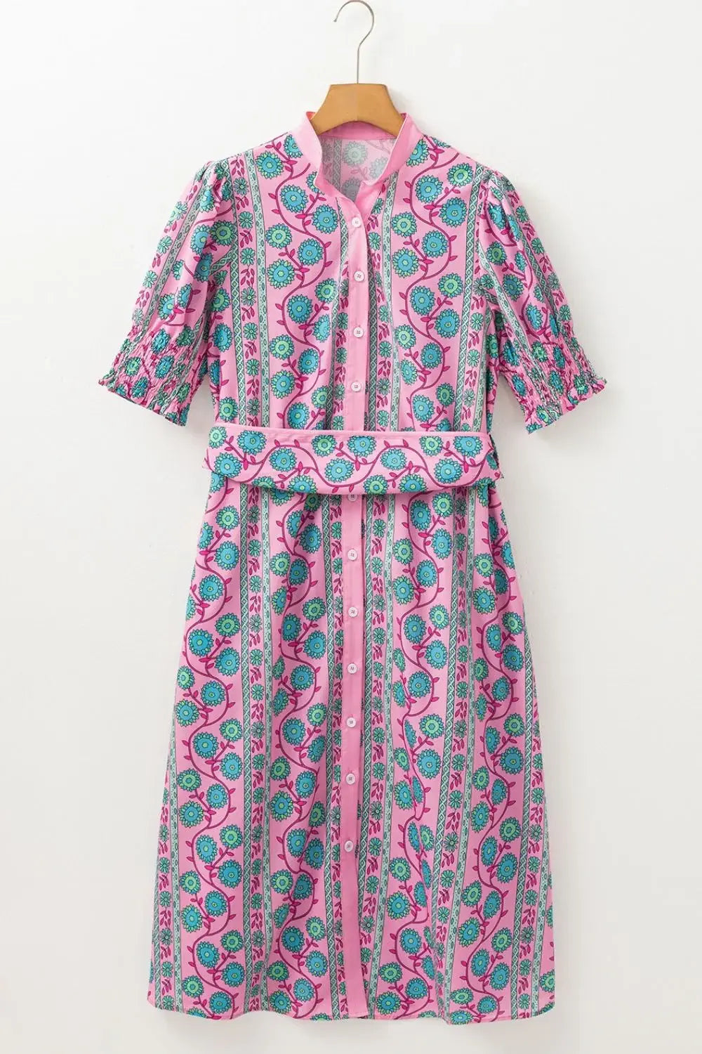Printed Shirred Sleeve Buttoned Front Midi Dress with Sash - Trendsi - Flyclothing LLC