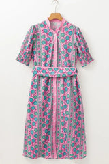 Printed Shirred Sleeve Buttoned Front Midi Dress with Sash - Trendsi - Flyclothing LLC