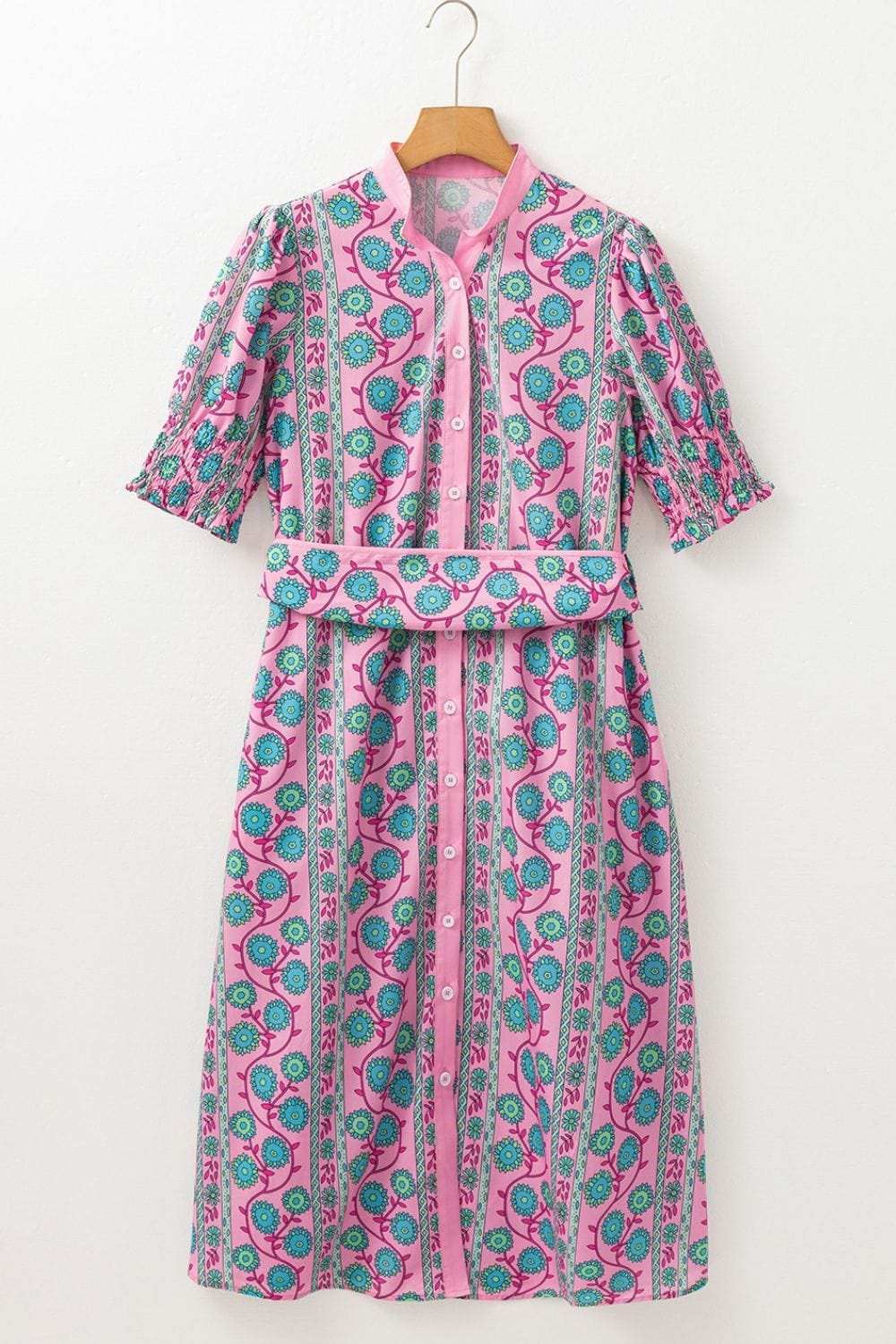 Printed Shirred Sleeve Buttoned Front Midi Dress with Sash - Trendsi - Flyclothing LLC