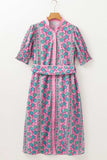 Printed Shirred Sleeve Buttoned Front Midi Dress with Sash - Trendsi - Flyclothing LLC