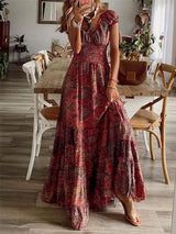 Full Size Smocked Printed V-Neck Short Sleeve Dress - Trendsi - Flyclothing LLC