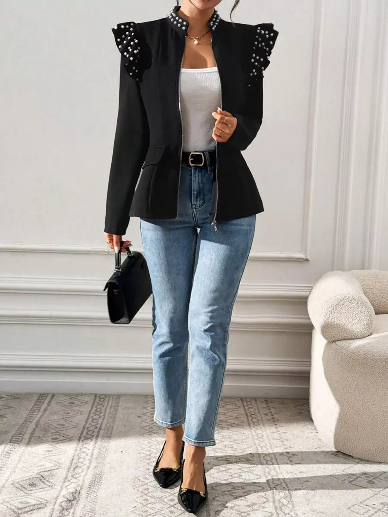 Pearl Embellished Shoulder Zip Up Jacket - Trendsi - Flyclothing LLC