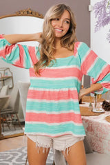 BiBi Stripe Printed Bubble Woven Balloon Sleeves Top - Trendsi - Flyclothing LLC