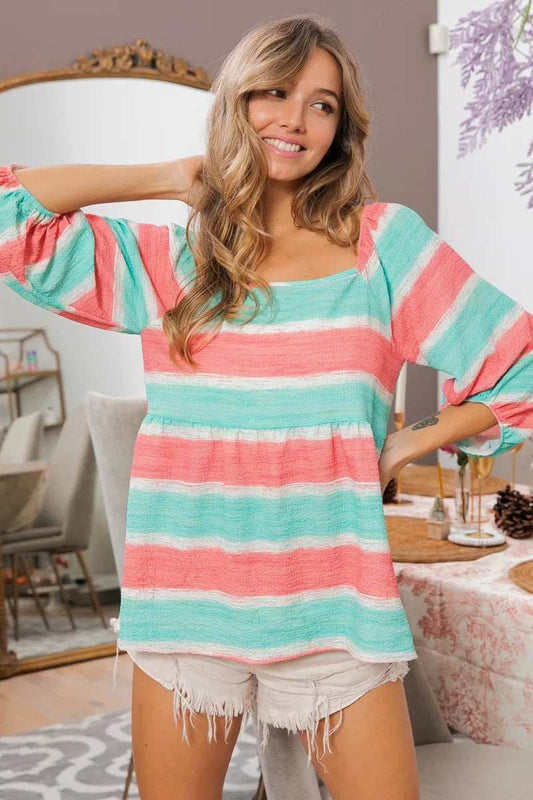 BiBi Stripe Printed Bubble Woven Balloon Sleeves Top - Trendsi - Flyclothing LLC