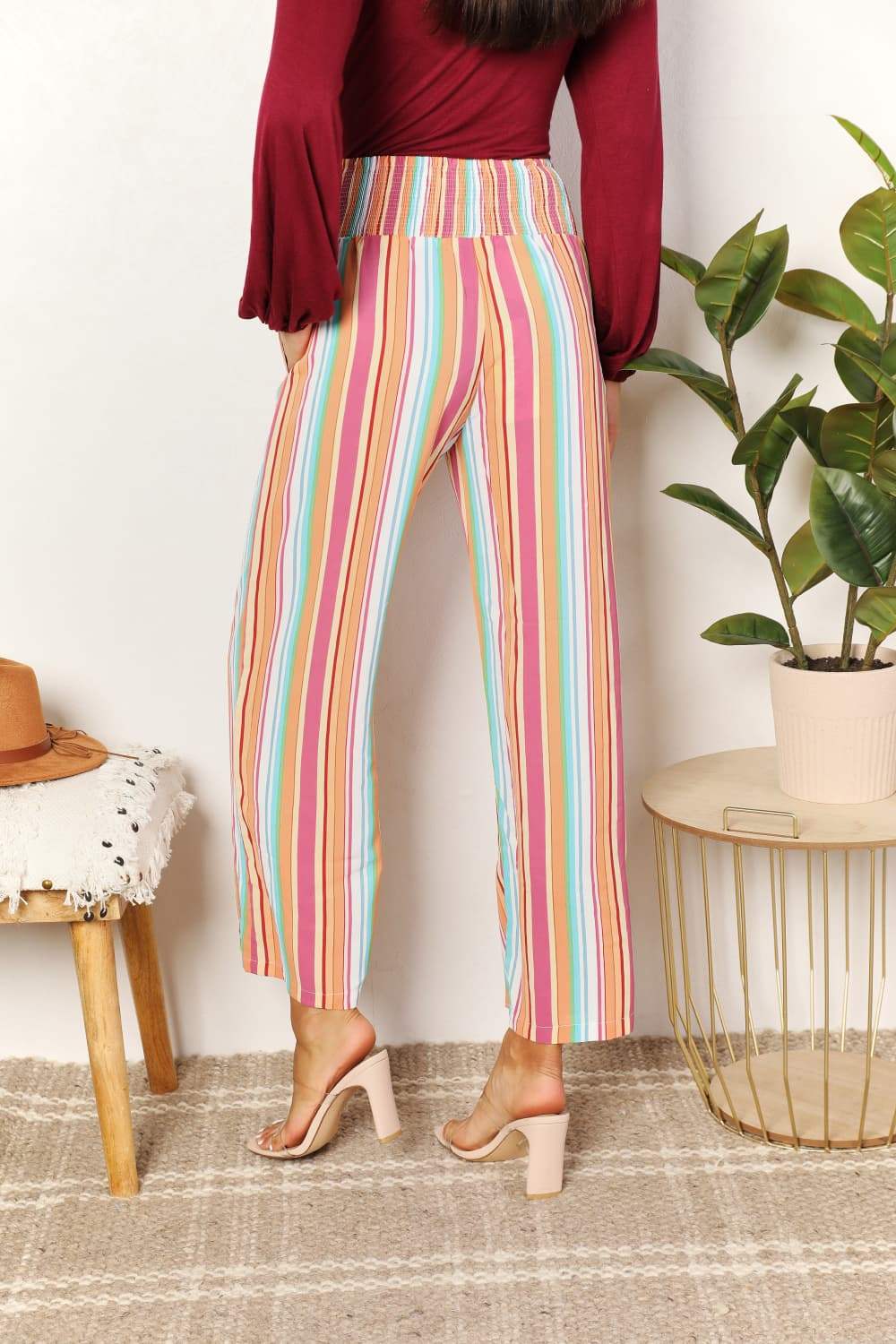 Double Take Striped Smocked Waist Pants with Pockets - Trendsi - Flyclothing LLC