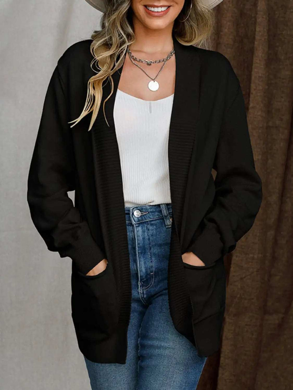 Open Front Long Sleeve Sweater Cardigan - Trendsi - Flyclothing LLC