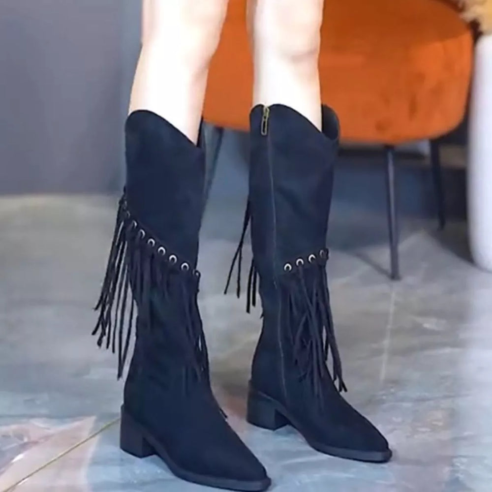 Fringed Point Toe Block Heel Boots - Trendsi - Flyclothing LLC
