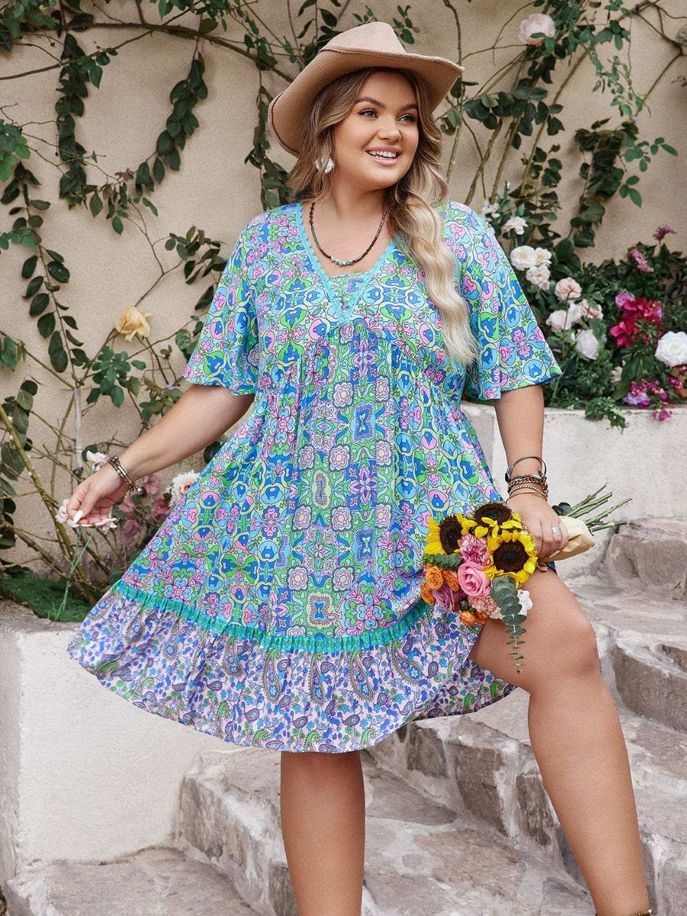 Plus Size Ruffled Hem Lace Detail Printed Half Sleeve Dress - Trendsi - Flyclothing LLC