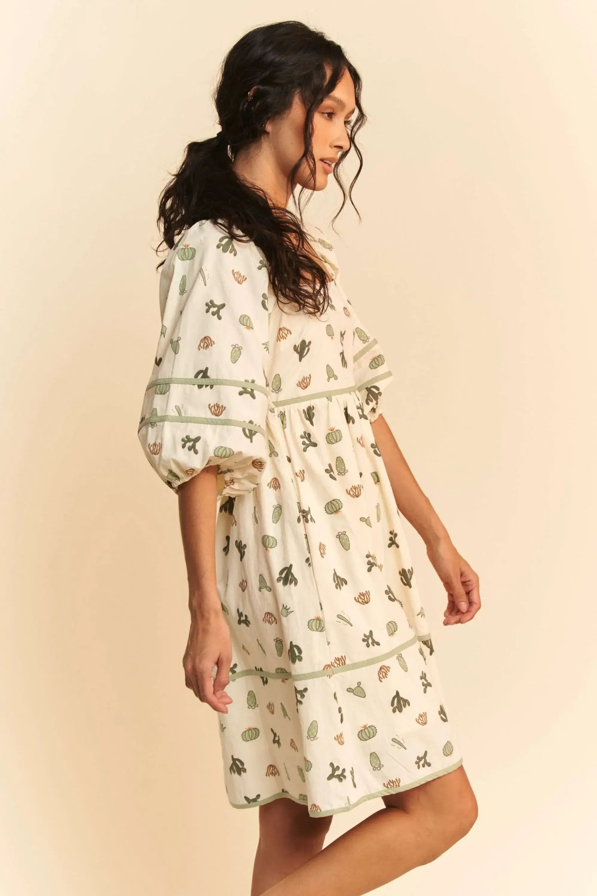 Davi & Dani Cactus Printed Poplin Contrast Piping Mini Dress - Trendsi - Flyclothing LLC