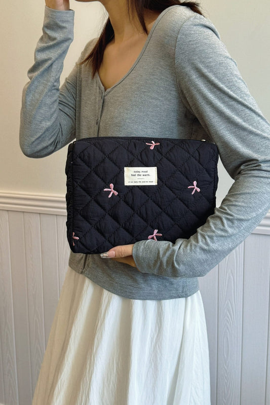 Bow Embroidered Quilted Storage Bag - Trendsi