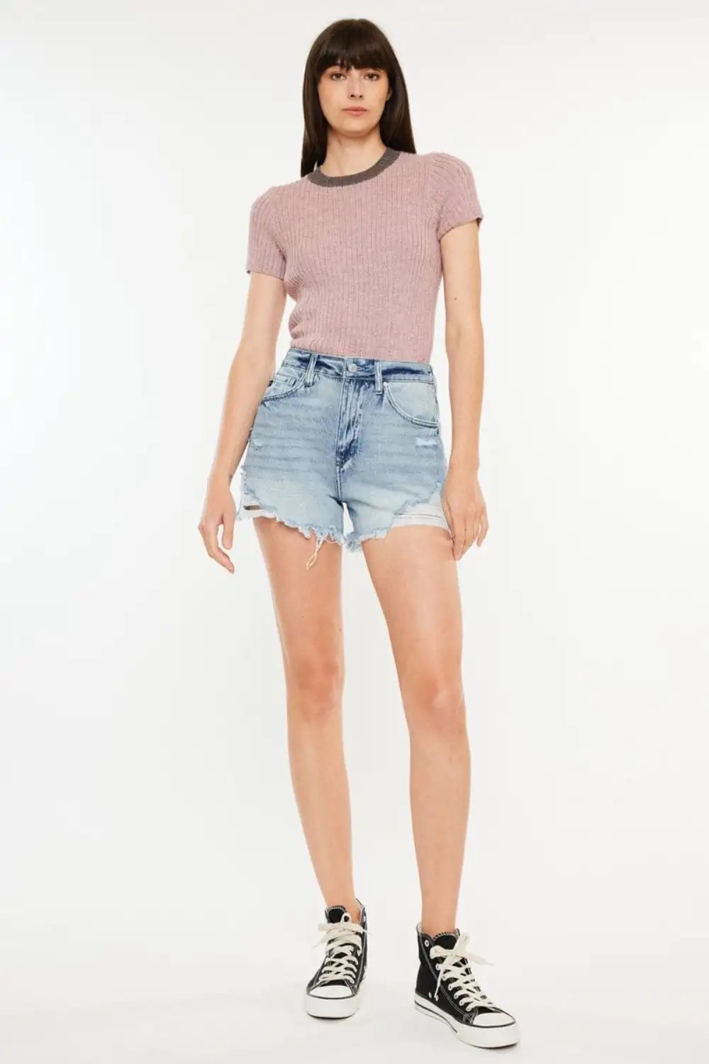 Kancan Distressed High Waist Denim Shorts with Pockets - Trendsi