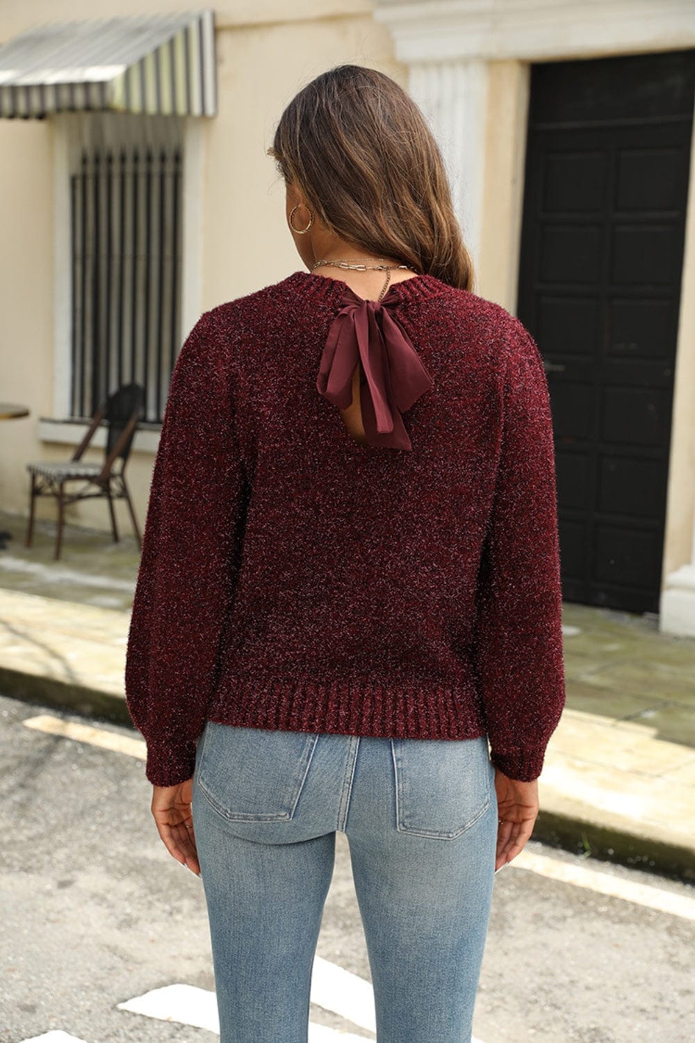 Tied Heathered Round Neck Long Sleeve Sweater - Trendsi