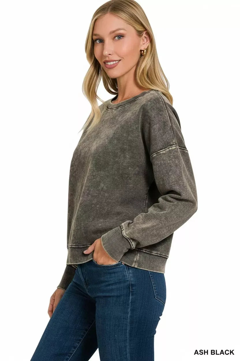 Zenana French Terry Acid Wash Boat Neck Sweatshirt - Trendsi - Flyclothing LLC