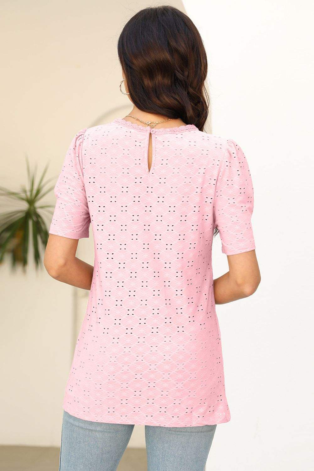 Eyelet Round Neck Short Sleeve T-Shirt - Trendsi - Flyclothing LLC