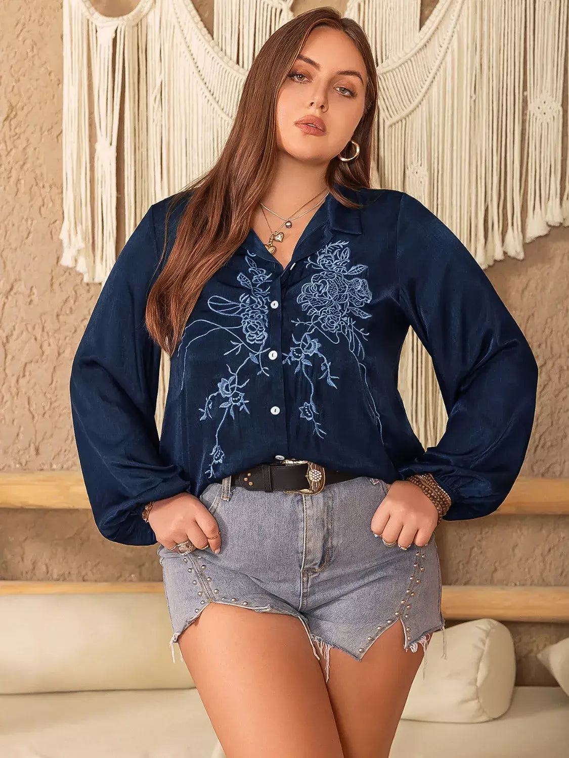 Plus Size Embroidered Long Sleeve Shirt - Trendsi - Flyclothing LLC