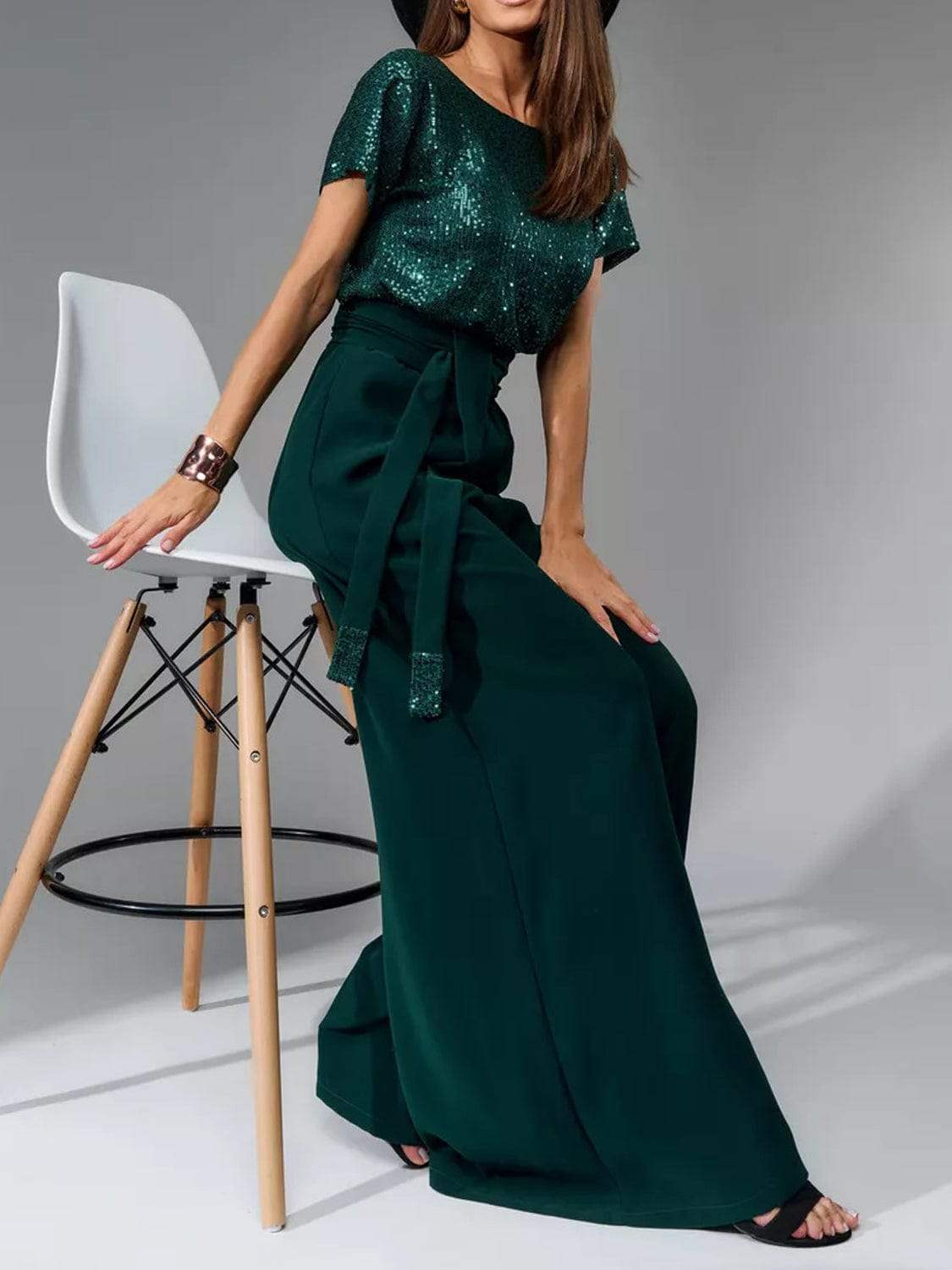 Full Size Sequin Round Neck Short Sleeve Wide Leg Jumpsuit - Trendsi - Flyclothing LLC