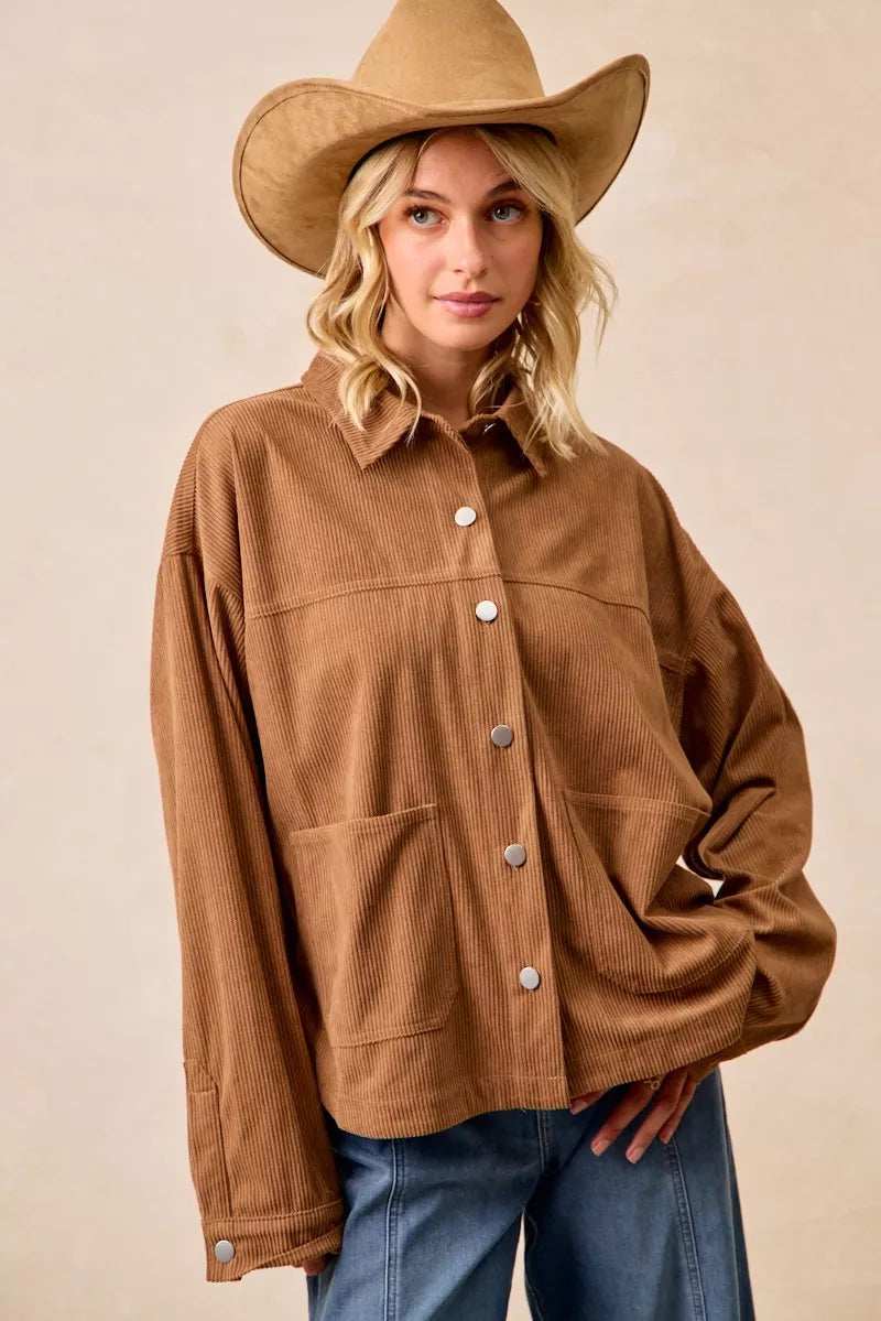 BiBi Corduroy Relaxed Fit Shacket with Back Pleat - Trendsi - Flyclothing LLC