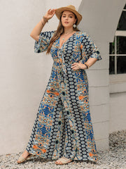 Plus Size Printed Half Sleeve Wide Leg Jumpsuit - Trendsi