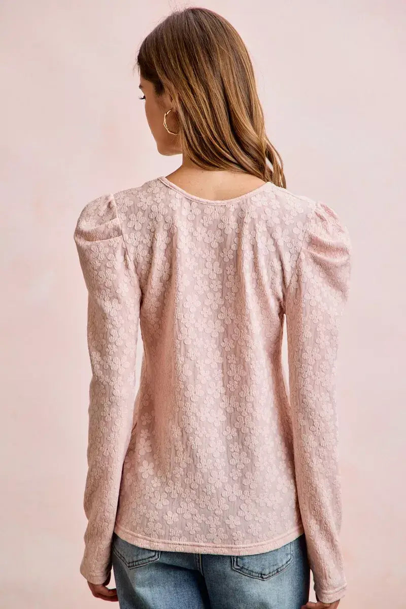 BiBi Textured Flower Knit Puff Shoulder Top - Trendsi - Flyclothing LLC
