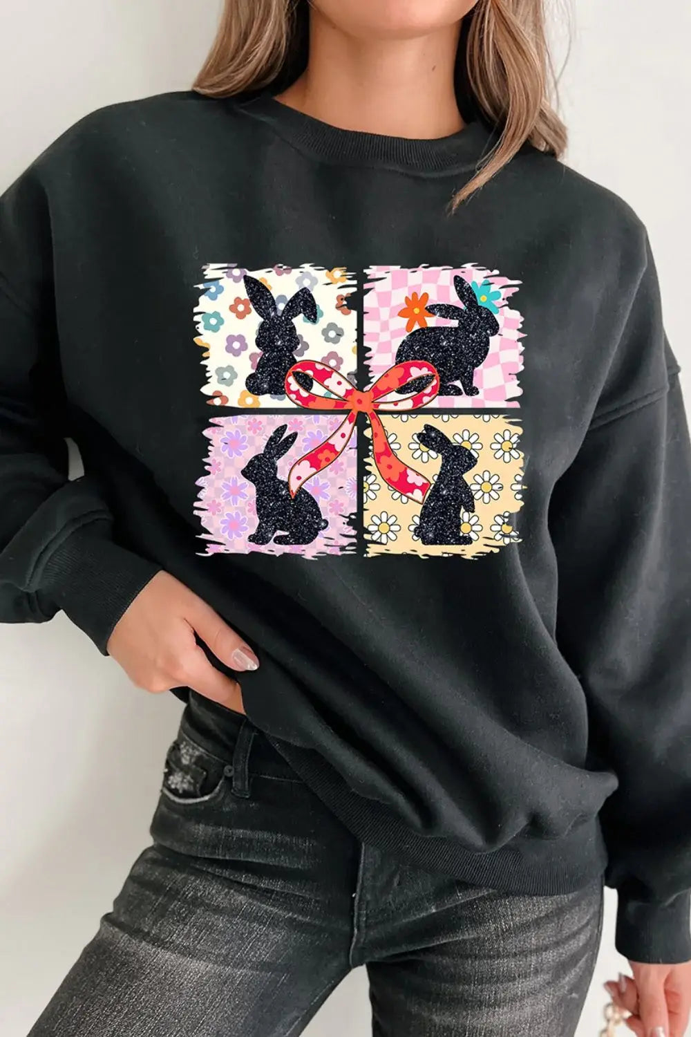 Floral Bunny Plaid Bow Graphic Easter Sweatshirt - Trendsi - Flyclothing LLC