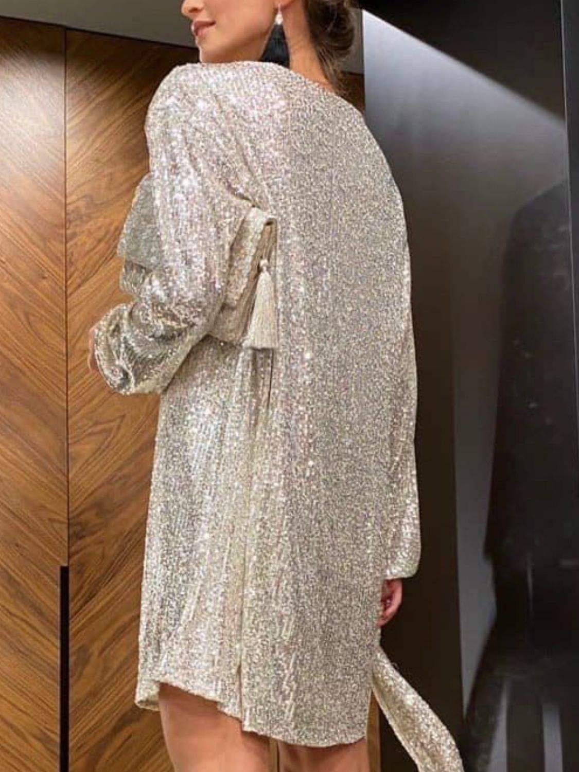 Sequin Tie Waist Long Sleeve Mini Dress - Trendsi - Flyclothing LLC