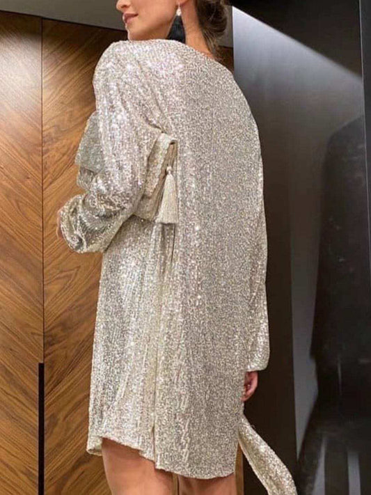 Sequin Tie Waist Long Sleeve Mini Dress - Trendsi - Flyclothing LLC