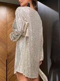 Sequin Tie Waist Long Sleeve Mini Dress - Trendsi