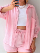 Textured Button Up Shirt and Shorts Set - Trendsi - Flyclothing LLC