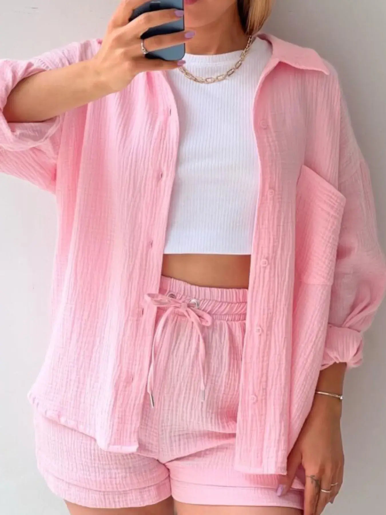 Textured Button Up Shirt and Shorts Set - Trendsi - Flyclothing LLC