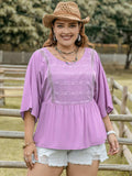 Plus Size Lace Detail Round Neck Three-Quarter Sleeve Blouse - Trendsi - Flyclothing LLC