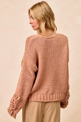 BiBi Chunky Knit Sweater with Flower Detail Sleeves - Trendsi - Flyclothing LLC