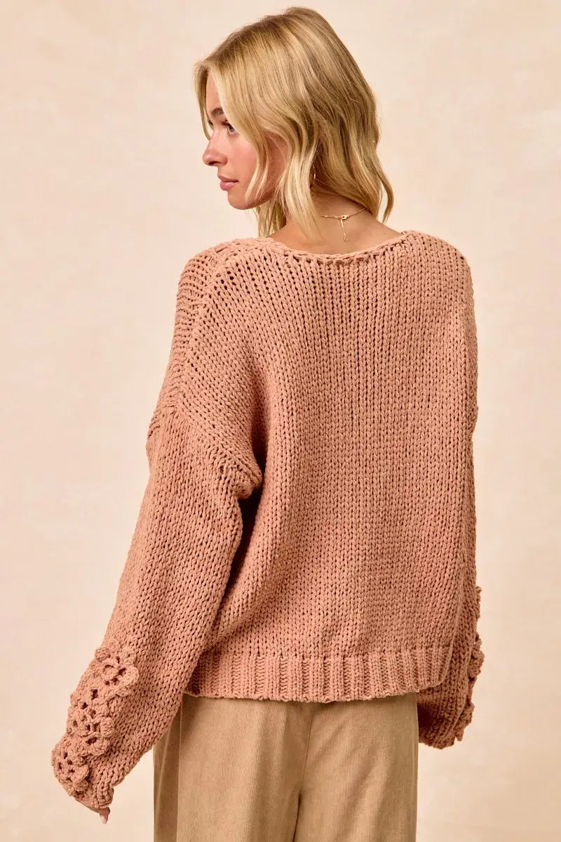BiBi Chunky Knit Sweater with Flower Detail Sleeves - Trendsi - Flyclothing LLC