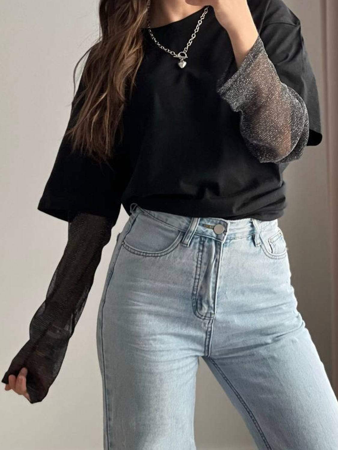 Faux Layered Round Neck Mesh Sleeve Top - Trendsi - Flyclothing LLC