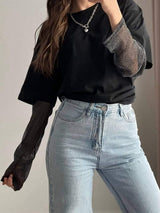 Faux Layered Round Neck Mesh Sleeve Top - Trendsi - Flyclothing LLC