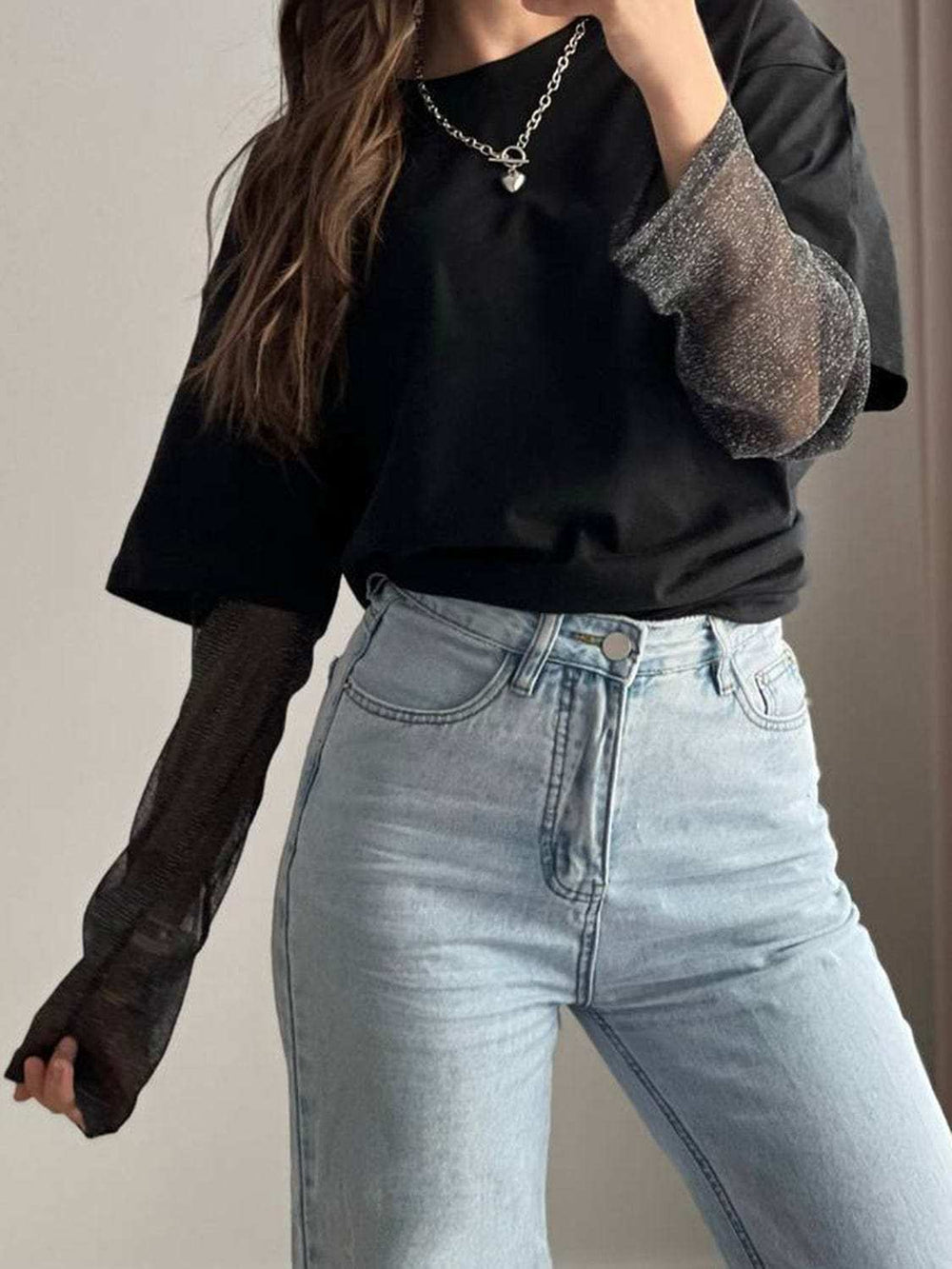 Faux Layered Round Neck Mesh Sleeve Top - Trendsi - Flyclothing LLC