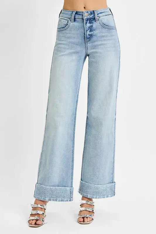RISEN Full Size Tummy Control High Rise Ankle Wide Cuffed Jeans Plus Size - Trendsi - Flyclothing LLC