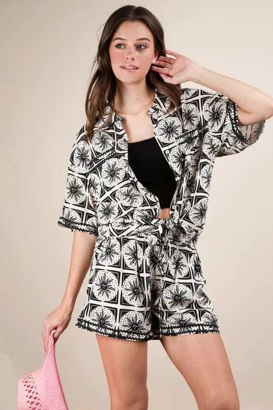 VERY J Plus Size Tropical Printed Shirt Top & Shorts Set - Trendsi - Flyclothing LLC