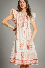 Umgee Printed Tie Neck Ruffle Cap Sleeve Dress - Trendsi - Flyclothing LLC