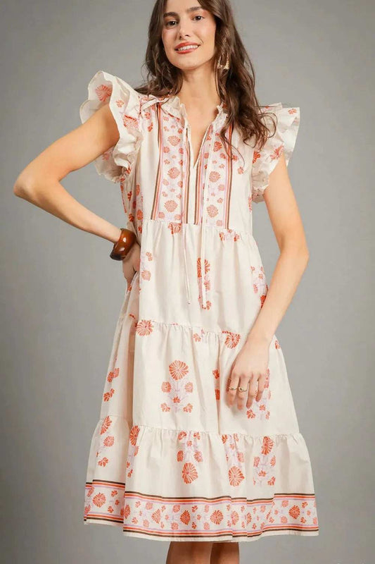 Umgee Printed Tie Neck Ruffle Cap Sleeve Dress - Trendsi - Flyclothing LLC
