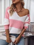 Color Block V-Neck Long Sleeve Sweater - Trendsi