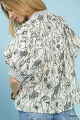 Umgee Mixed Print Puff Sleeve Split Neck Top - Trendsi - Flyclothing LLC