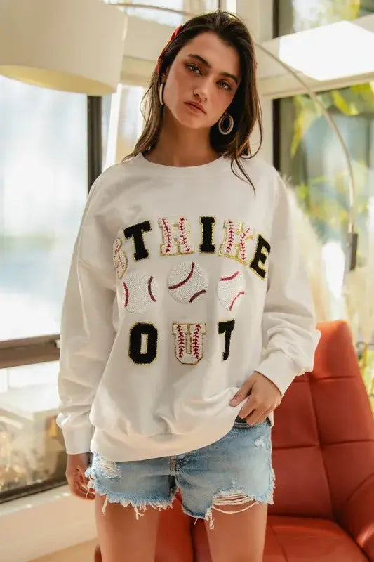 BiBi Baseballs Strikeout Patches French Terry Sweatshirt - Trendsi - Flyclothing LLC