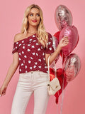 Heart One Shoulder Short Sleeve T-Shirt - Trendsi
